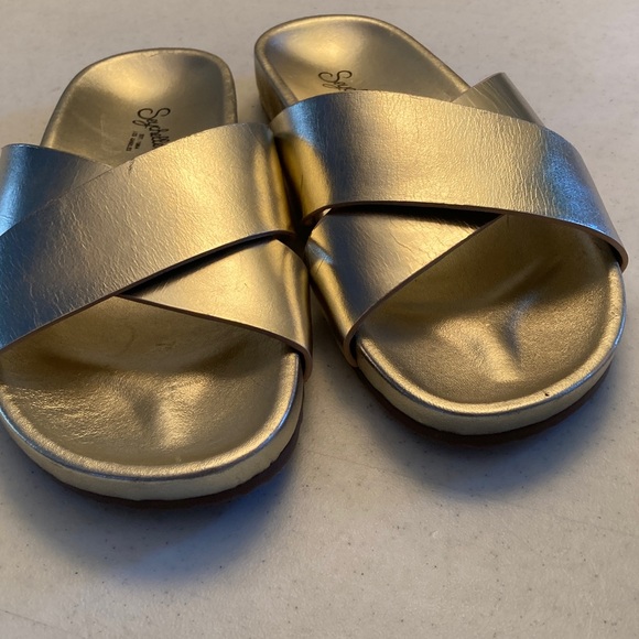 NWOT Seychelles Metallic Gold Leather Crisscross Slides - Picture 4 of 5